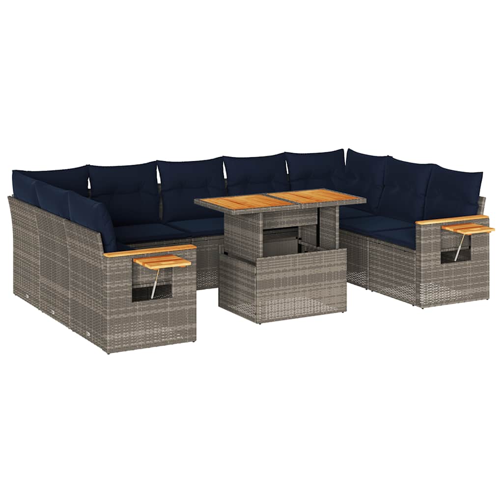 10 részes szürke polyrattan akácfa kerti ülőgarnitúra párnákkal