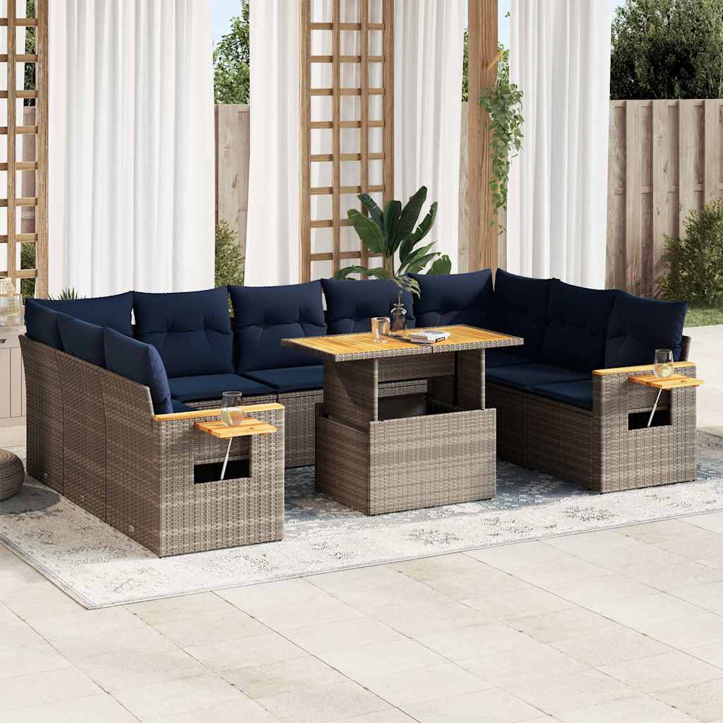 10 részes szürke polyrattan akácfa kerti ülőgarnitúra párnákkal