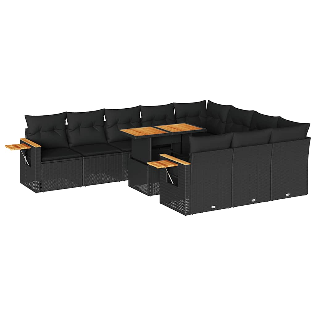 11 részes fekete polyrattan akácfa kerti ülőgarnitúra párnákkal