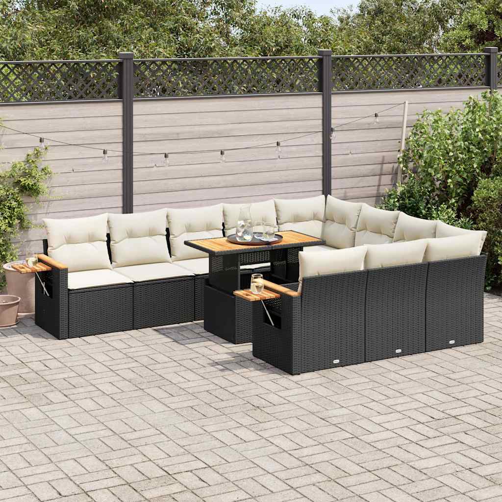 11 részes fekete polyrattan akácfa kerti ülőgarnitúra párnákkal