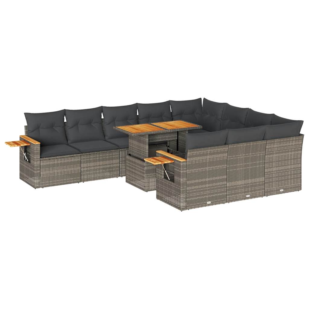 11 részes szürke polyrattan akácfa kerti ülőgarnitúra párnákkal