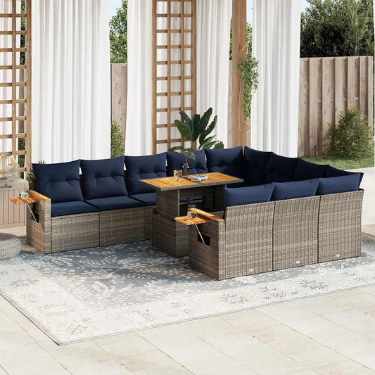 11 részes szürke polyrattan akácfa kerti ülőgarnitúra párnákkal