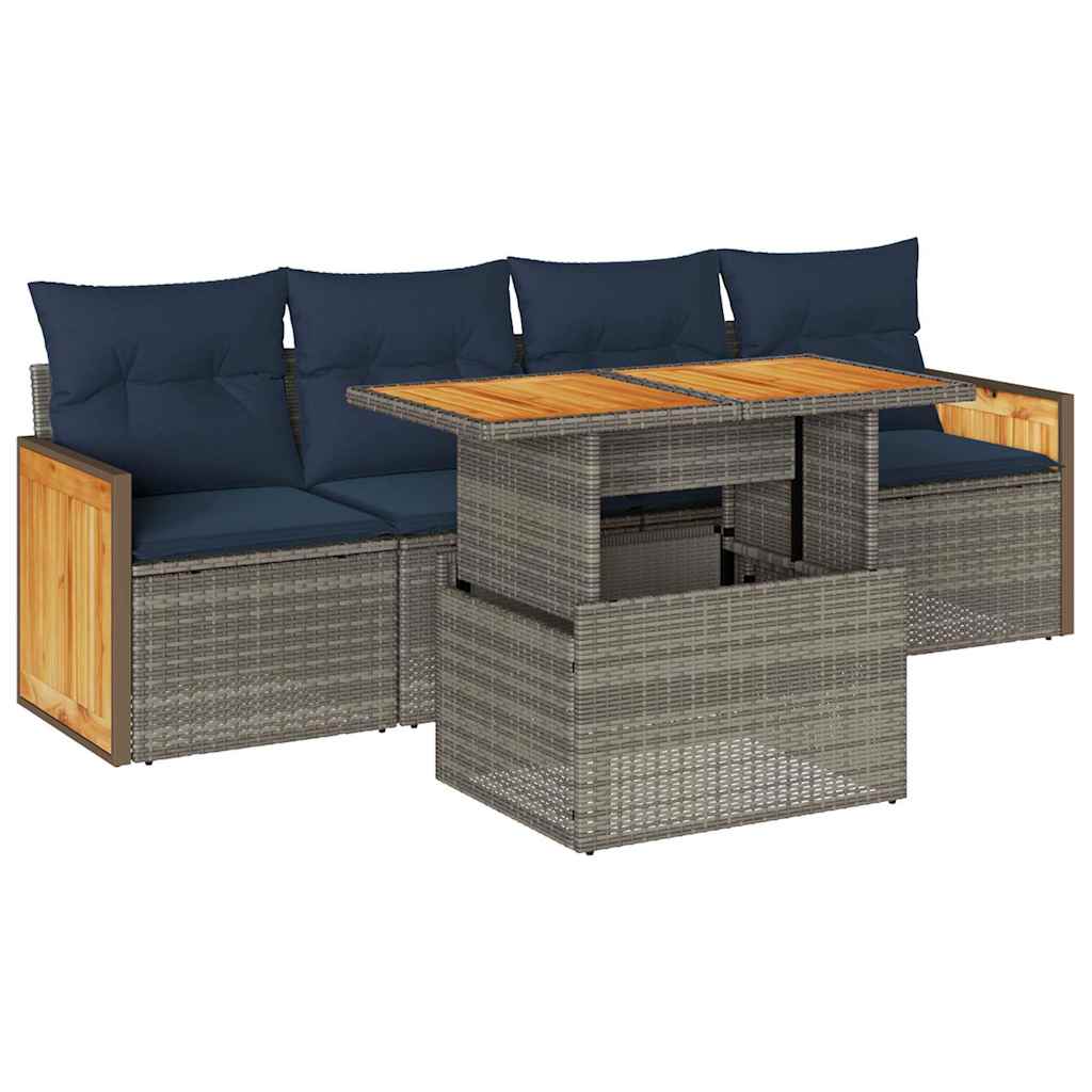 5 részes szürke polyrattan akácfa kerti ülőgarnitúra párnákkal