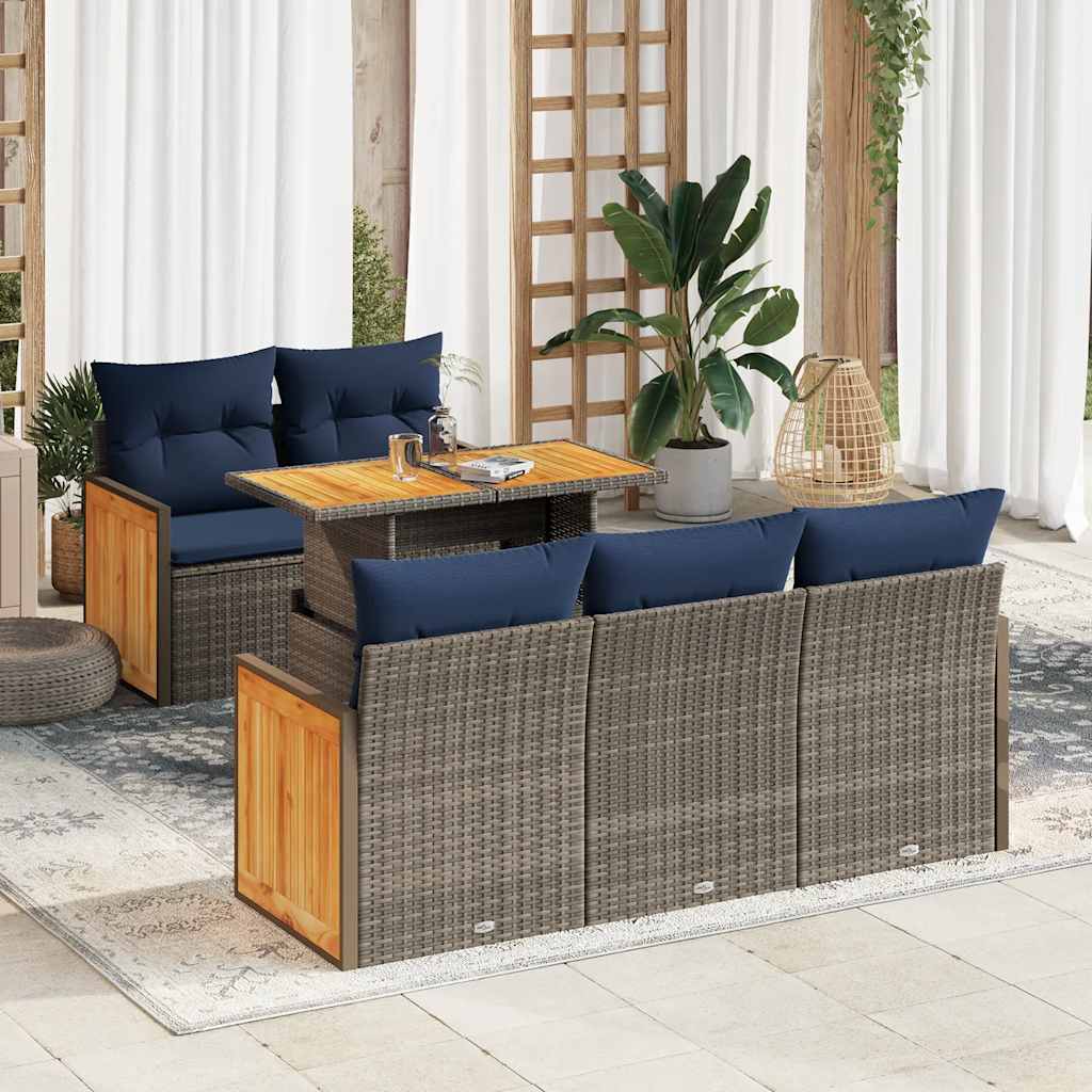 6 részes szürke polyrattan akácfa kerti ülőgarnitúra párnákkal