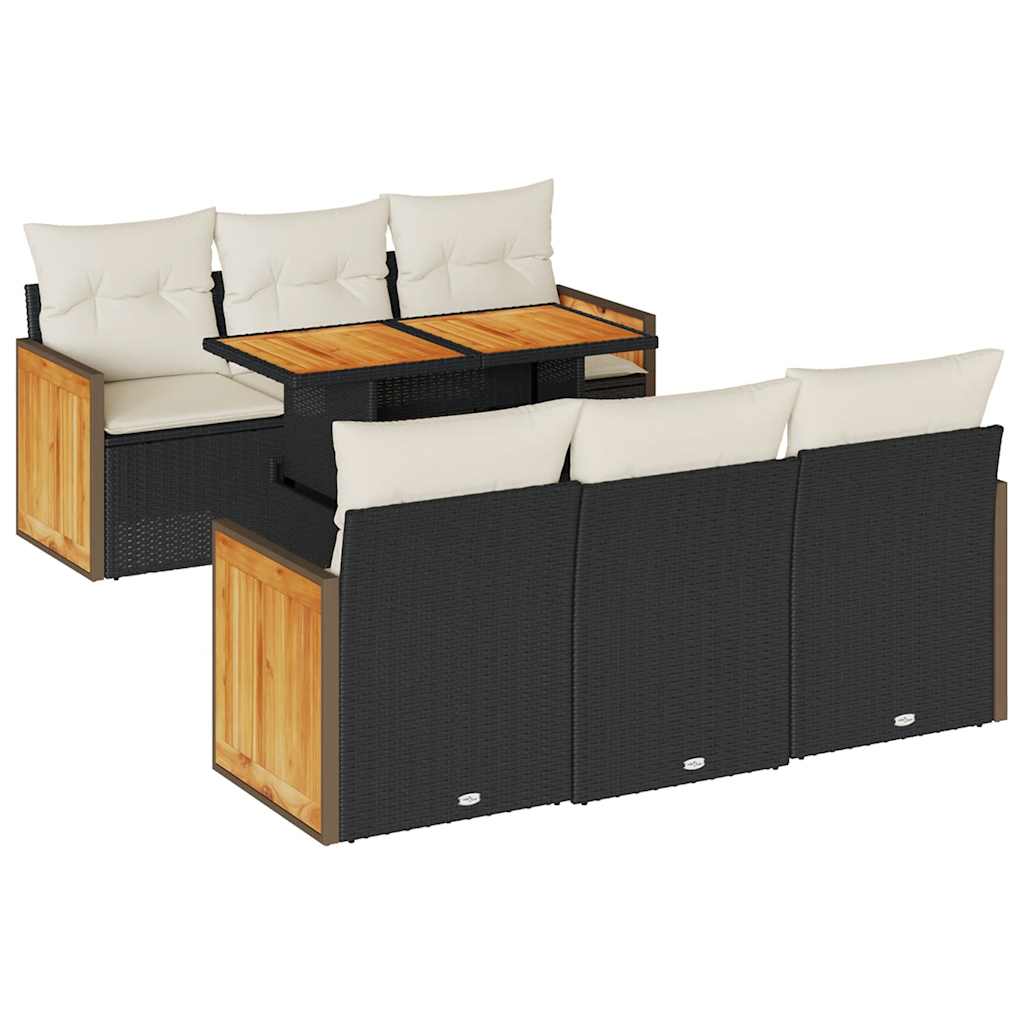 7 részes fekete polyrattan akácfa kerti ülőgarnitúra párnával