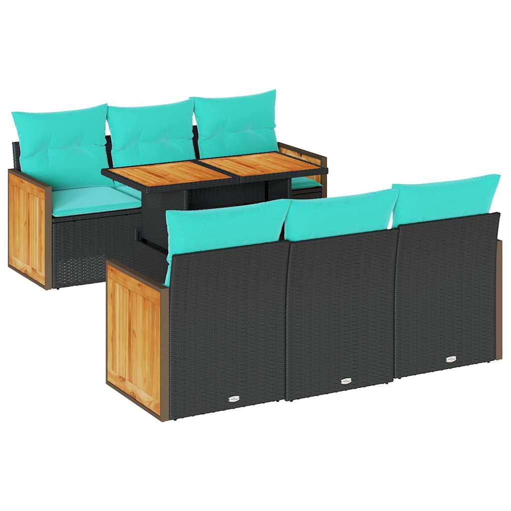 7 részes fekete polyrattan akácfa kerti ülőgarnitúra párnával