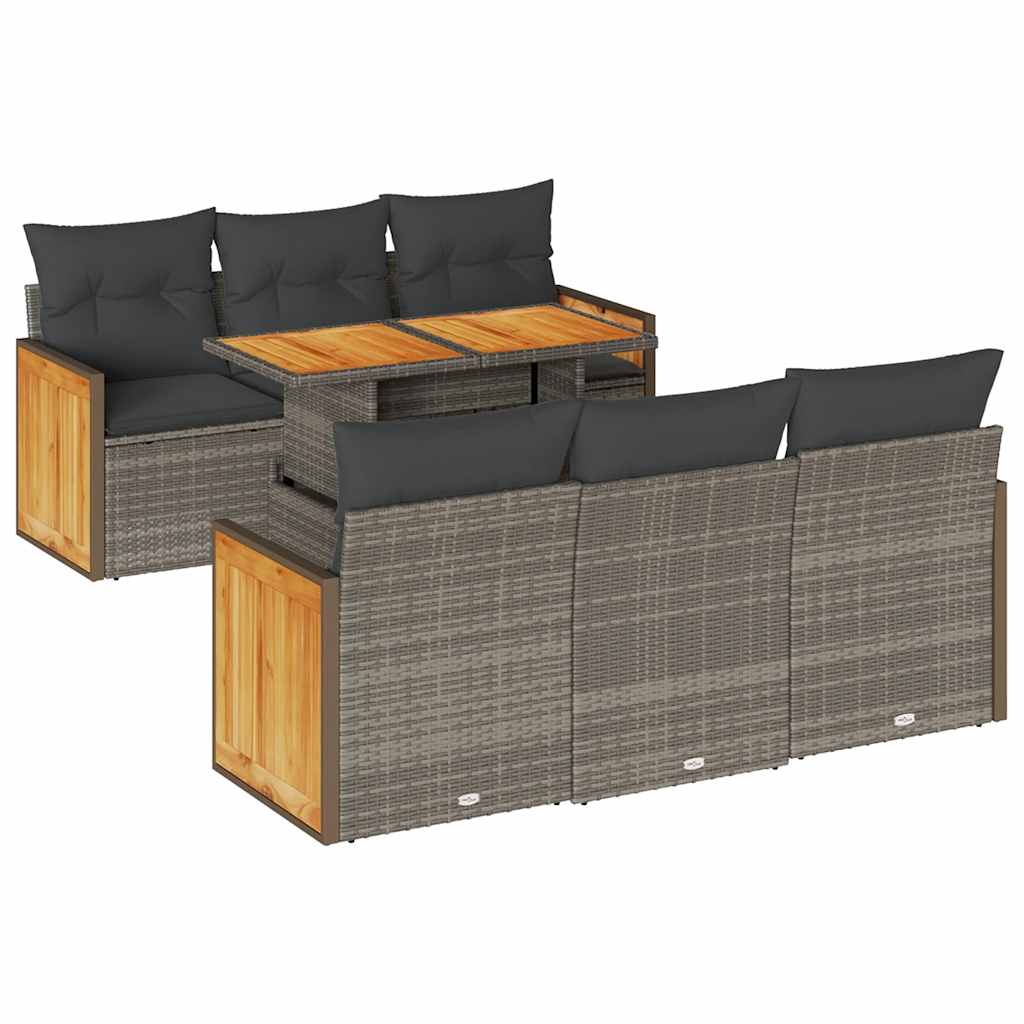 7 részes szürke polyrattan akácfa kerti ülőgarnitúra párnákkal