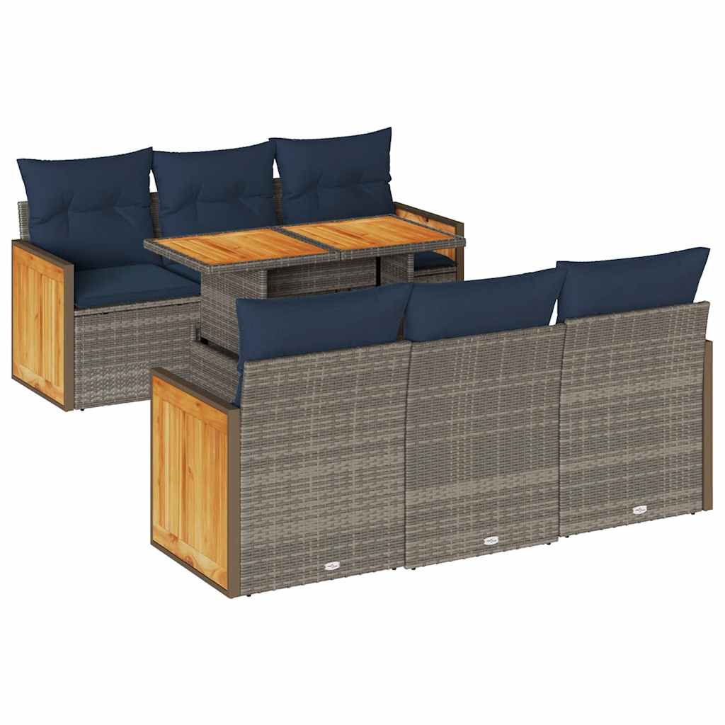 7 részes szürke polyrattan akácfa kerti ülőgarnitúra párnákkal
