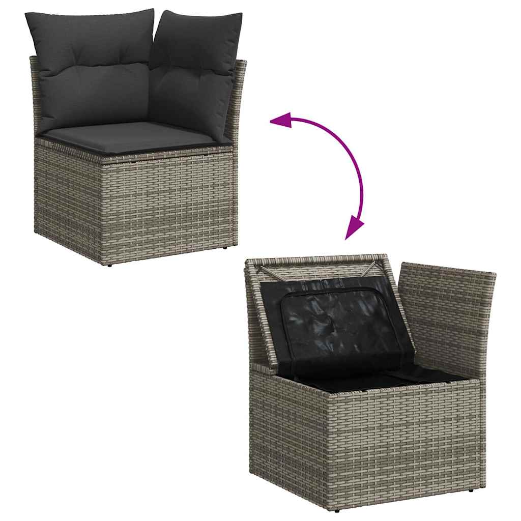 7 részes szürke polyrattan akácfa kerti ülőgarnitúra párnákkal