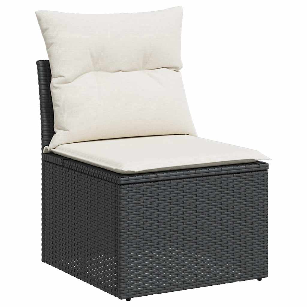 9 részes fekete polyrattan akácfa kerti ülőgarnitúra párnákkal