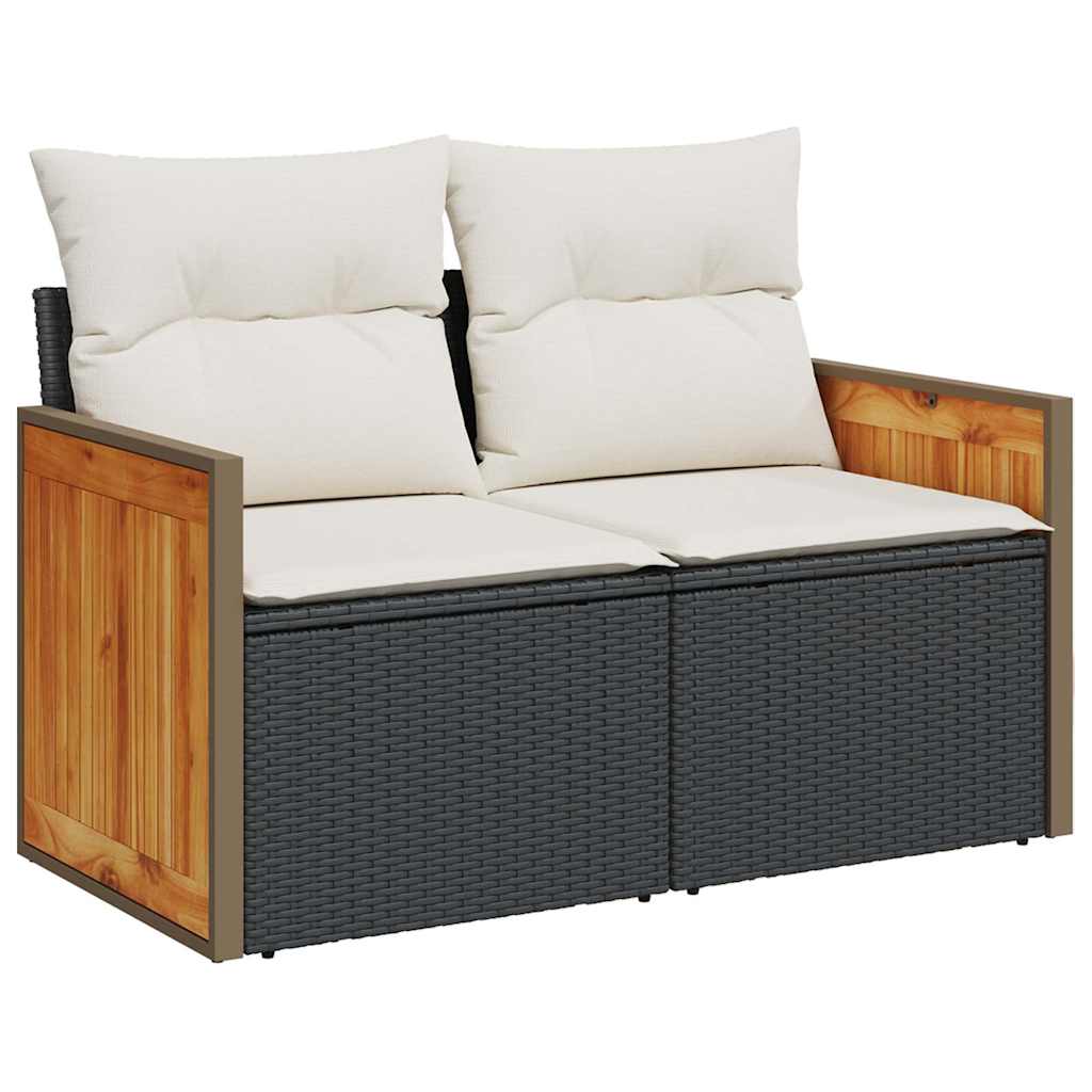 5 részes fekete polyrattan akácfa kerti kanapészett párnákkal