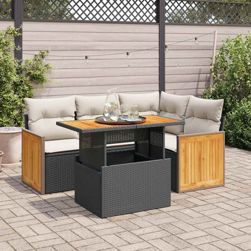 5 részes fekete polyrattan akácfa kerti kanapészett párnákkal