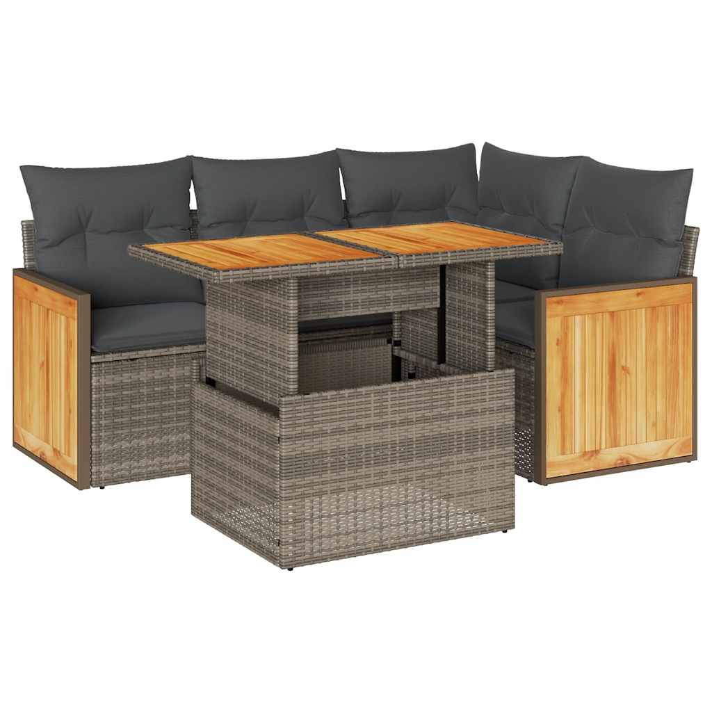 5 részes szürke polyrattan akácfa kerti ülőgarnitúra párnákkal