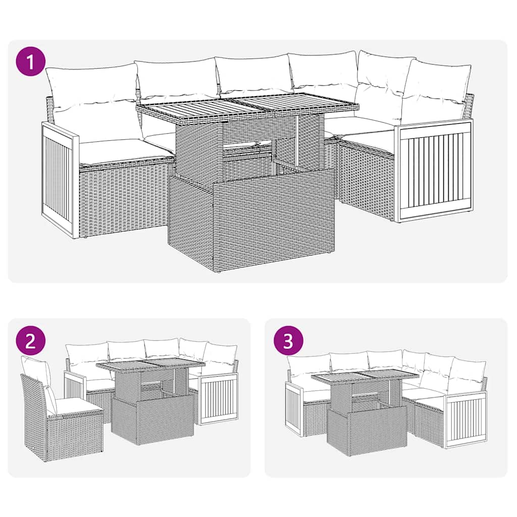 6 részes fekete polyrattan akácfa kerti ülőgarnitúra párnákkal