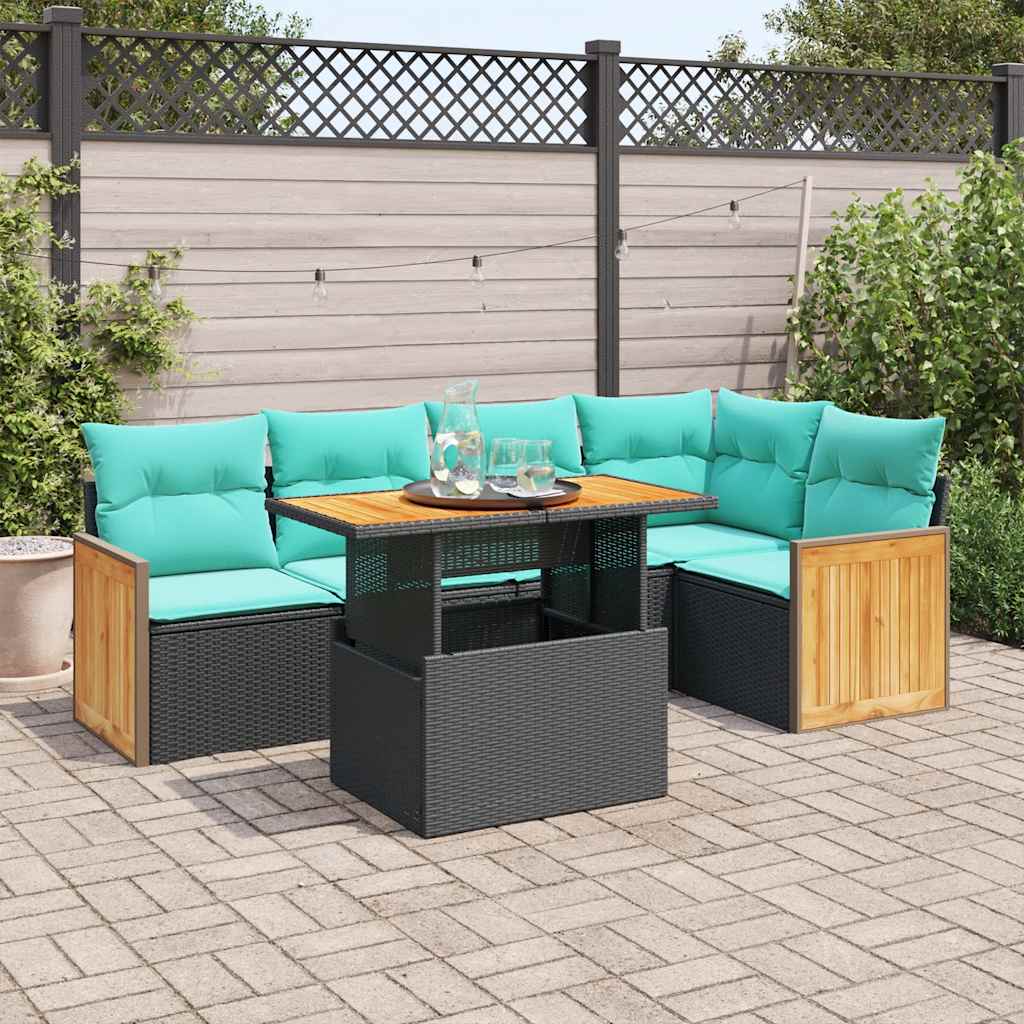 6 részes fekete polyrattan akácfa kerti ülőgarnitúra párnákkal