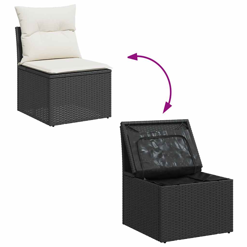 7 részes fekete polyrattan akácfa kerti ülőgarnitúra párnával