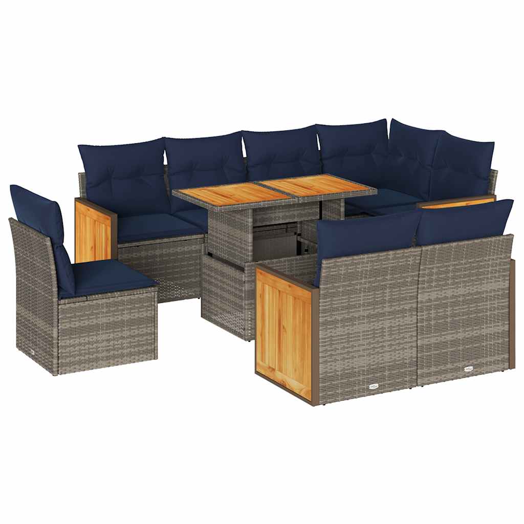 9 részes szürke polyrattan akácfa kerti ülőgarnitúra párnákkal