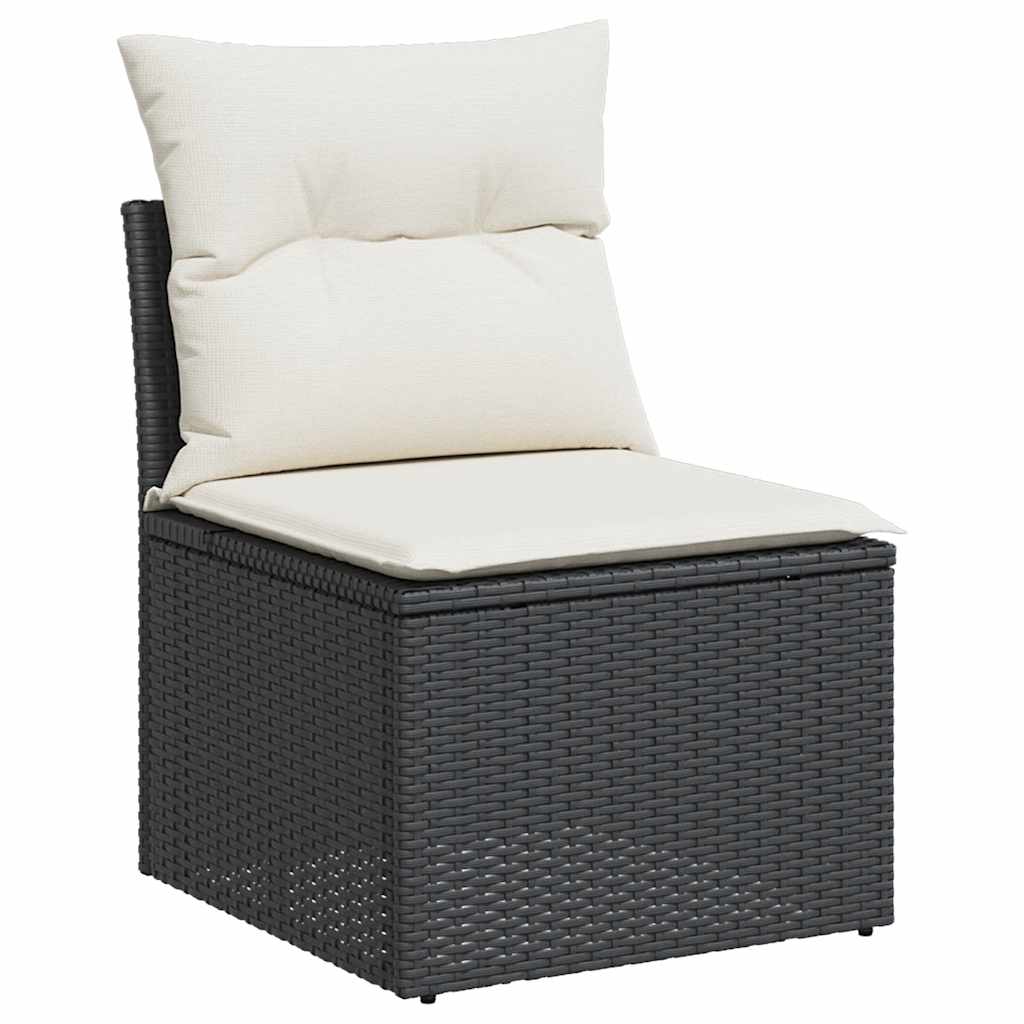 7 részes fekete polyrattan akácfa kerti ülőgarnitúra párnával