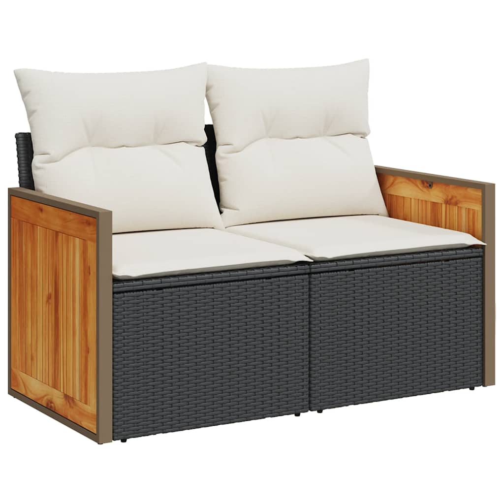 9 részes fekete polyrattan akácfa kerti ülőgarnitúra párnákkal