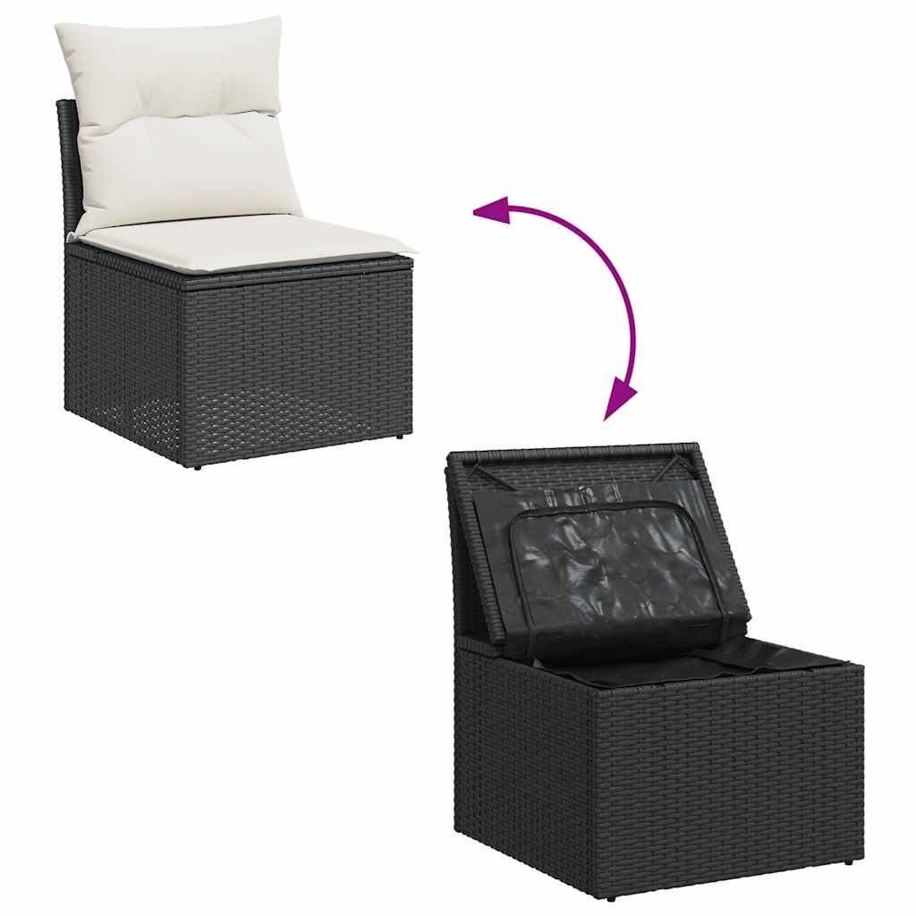 9 részes fekete polyrattan akácfa kerti ülőgarnitúra párnákkal