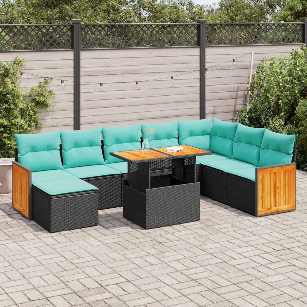11 részes fekete polyrattan akácfa kerti ülőgarnitúra párnákkal