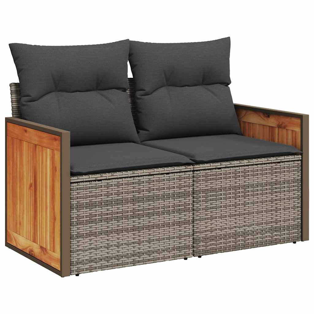9 részes szürke polyrattan akácfa kerti ülőgarnitúra párnákkal