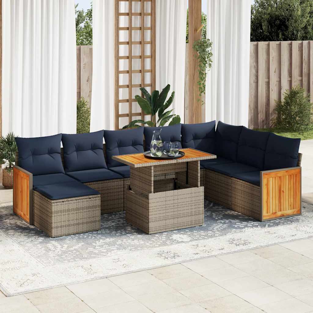 11 részes szürke polyrattan akácfa kerti ülőgarnitúra párnákkal