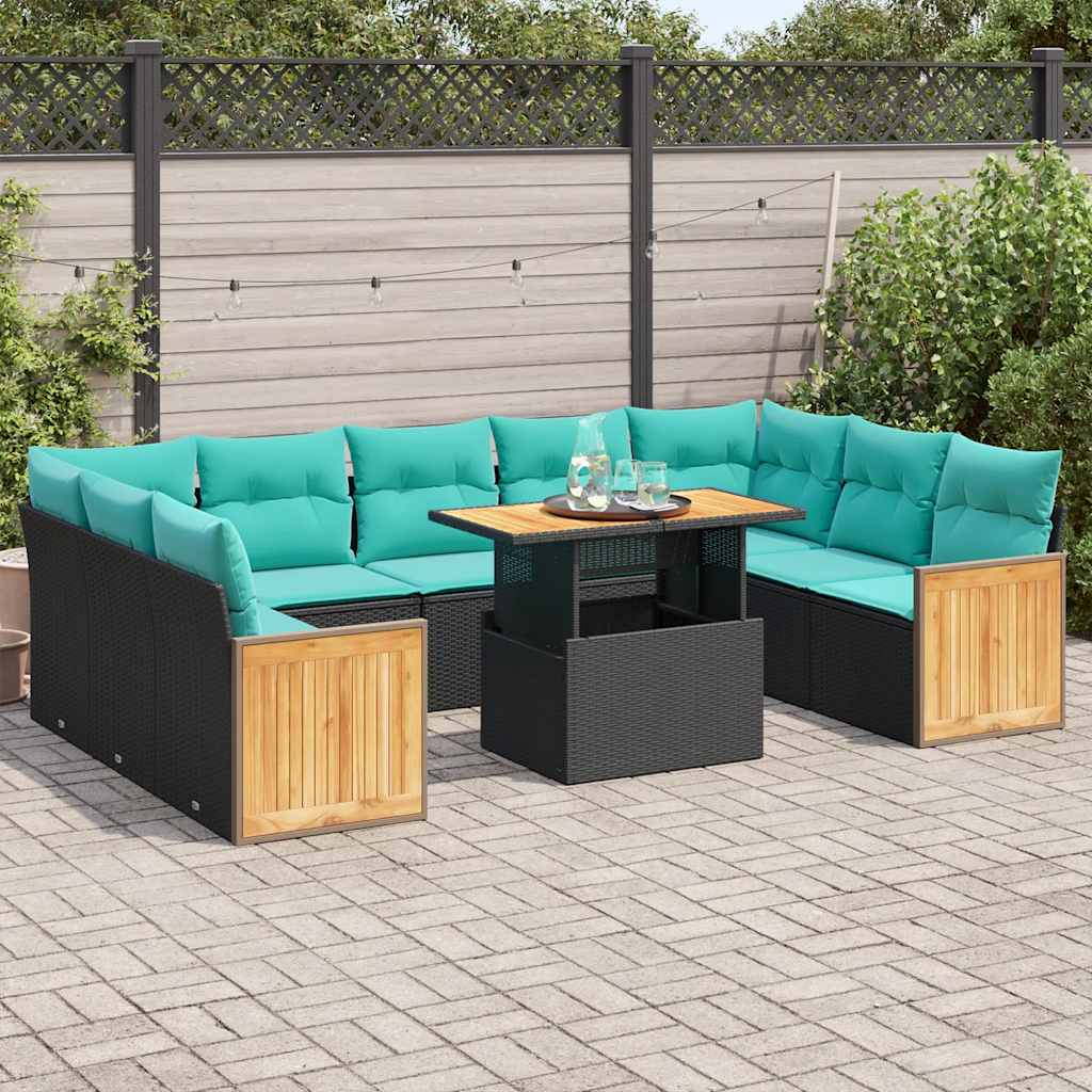 10 részes fekete polyrattan akácfa kerti ülőgarnitúra párnákkal