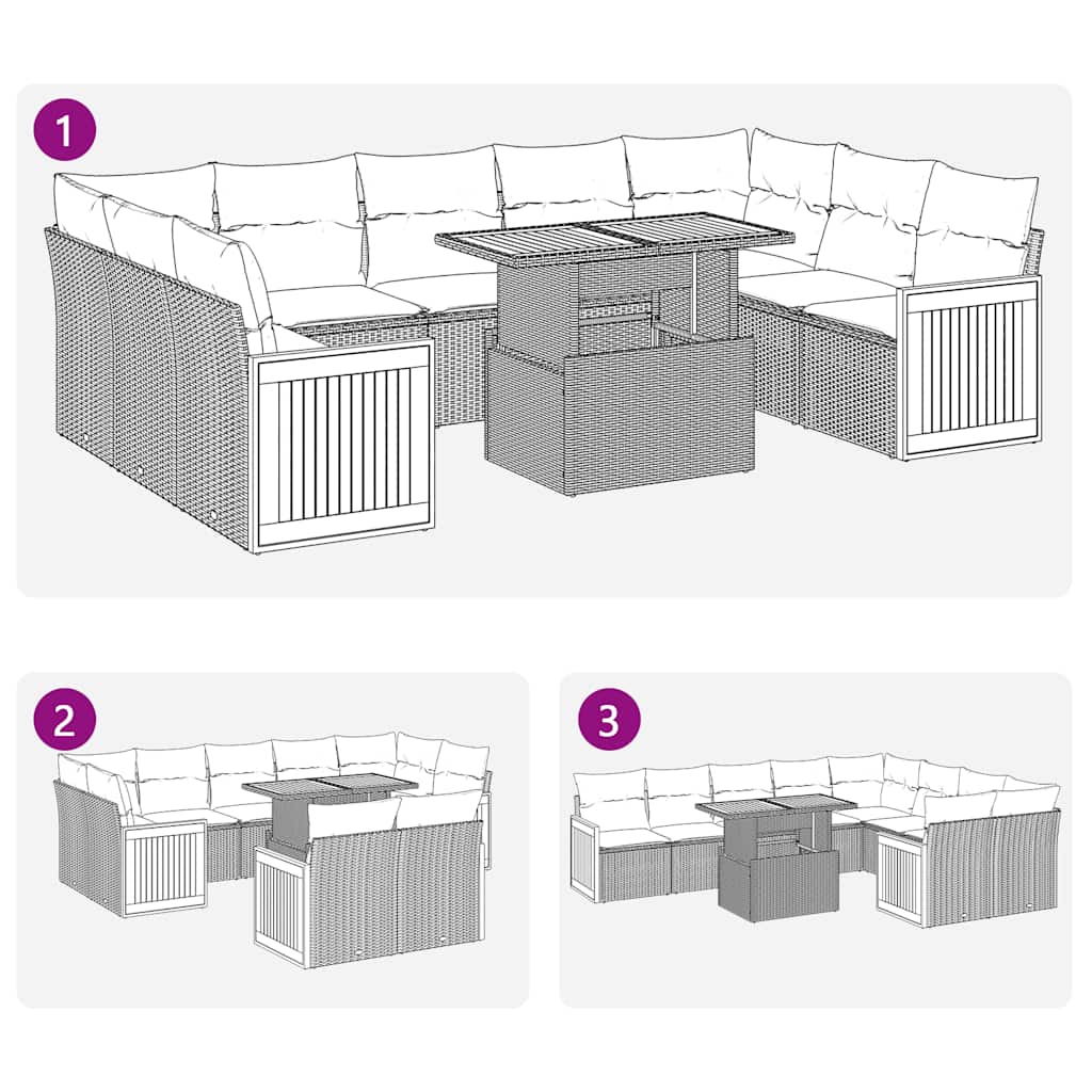 10 részes szürke polyrattan akácfa kerti ülőgarnitúra párnákkal