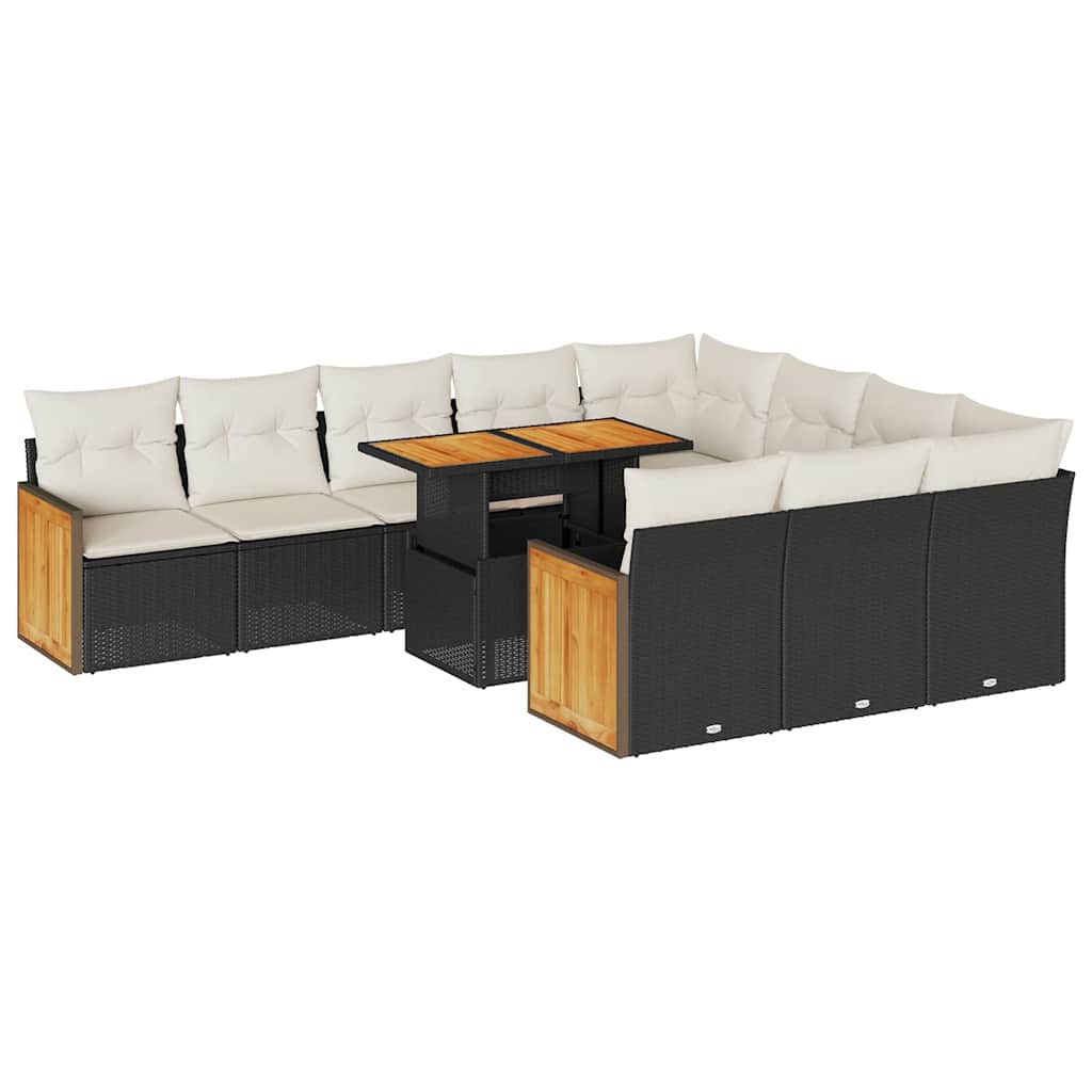 11 részes fekete polyrattan akácfa kerti ülőgarnitúra párnákkal