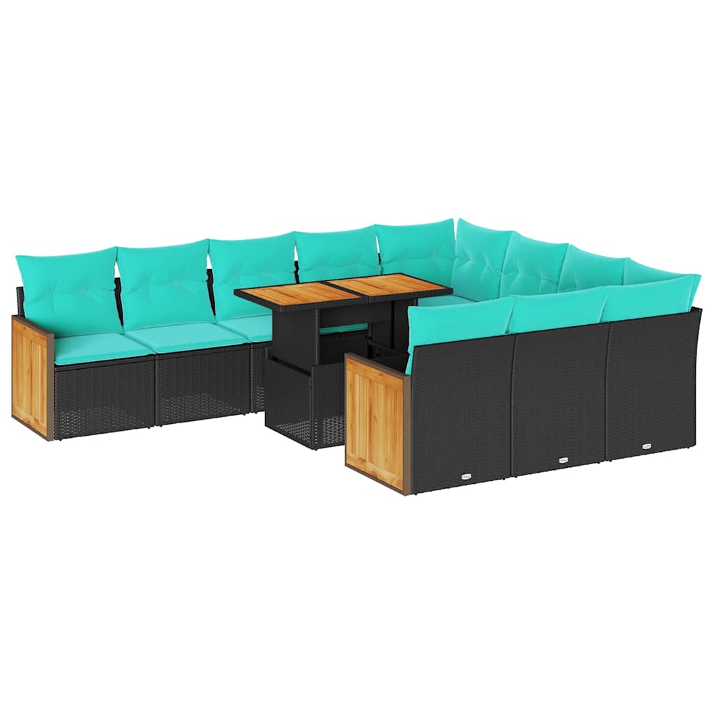 11 részes fekete polyrattan akácfa kerti ülőgarnitúra párnákkal