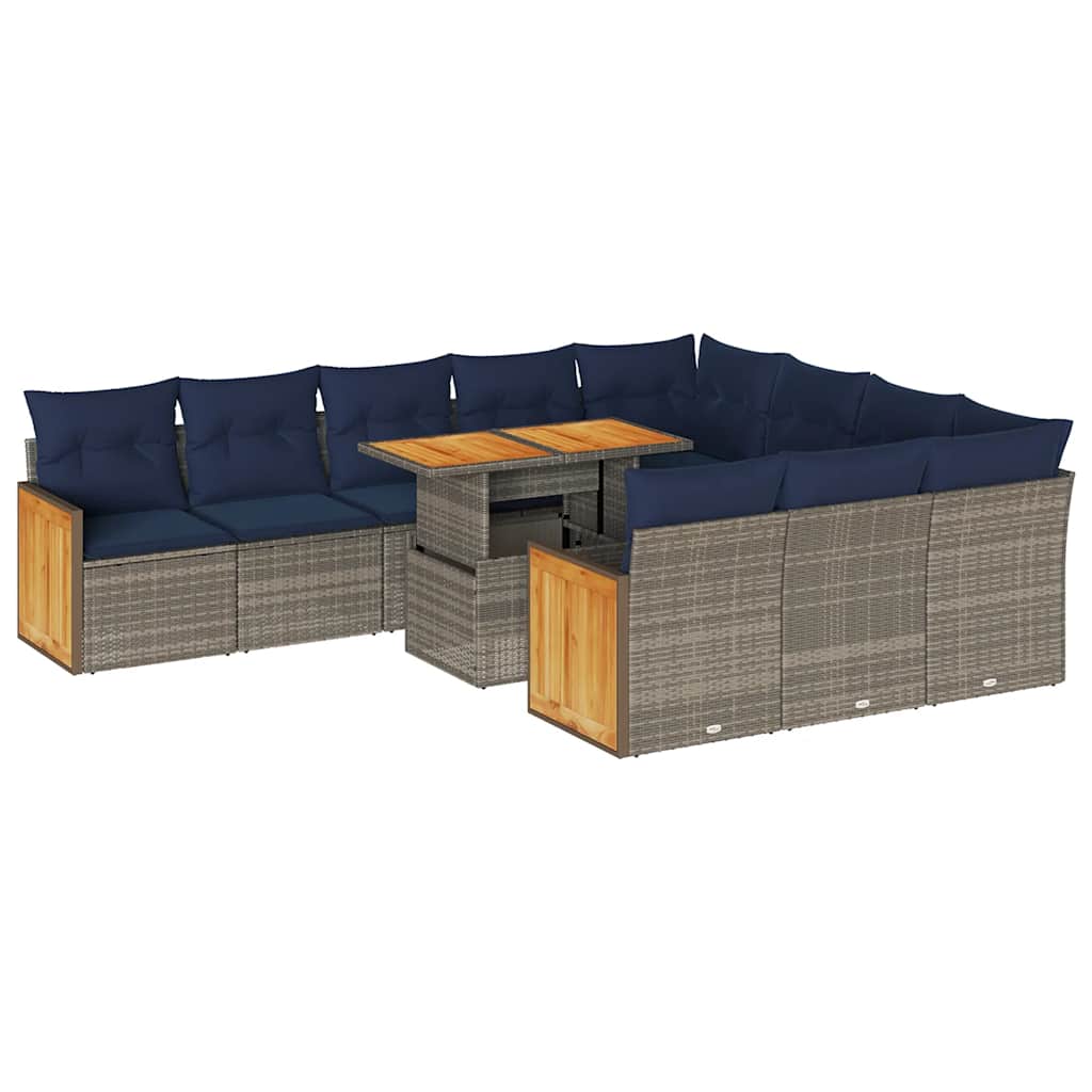 11 részes szürke polyrattan akácfa kerti ülőgarnitúra párnákkal