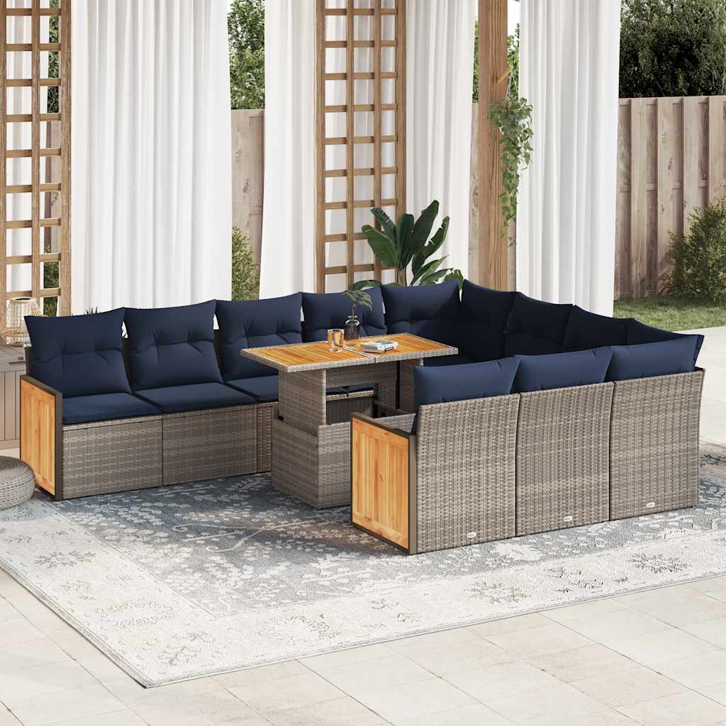 11 részes szürke polyrattan akácfa kerti ülőgarnitúra párnákkal