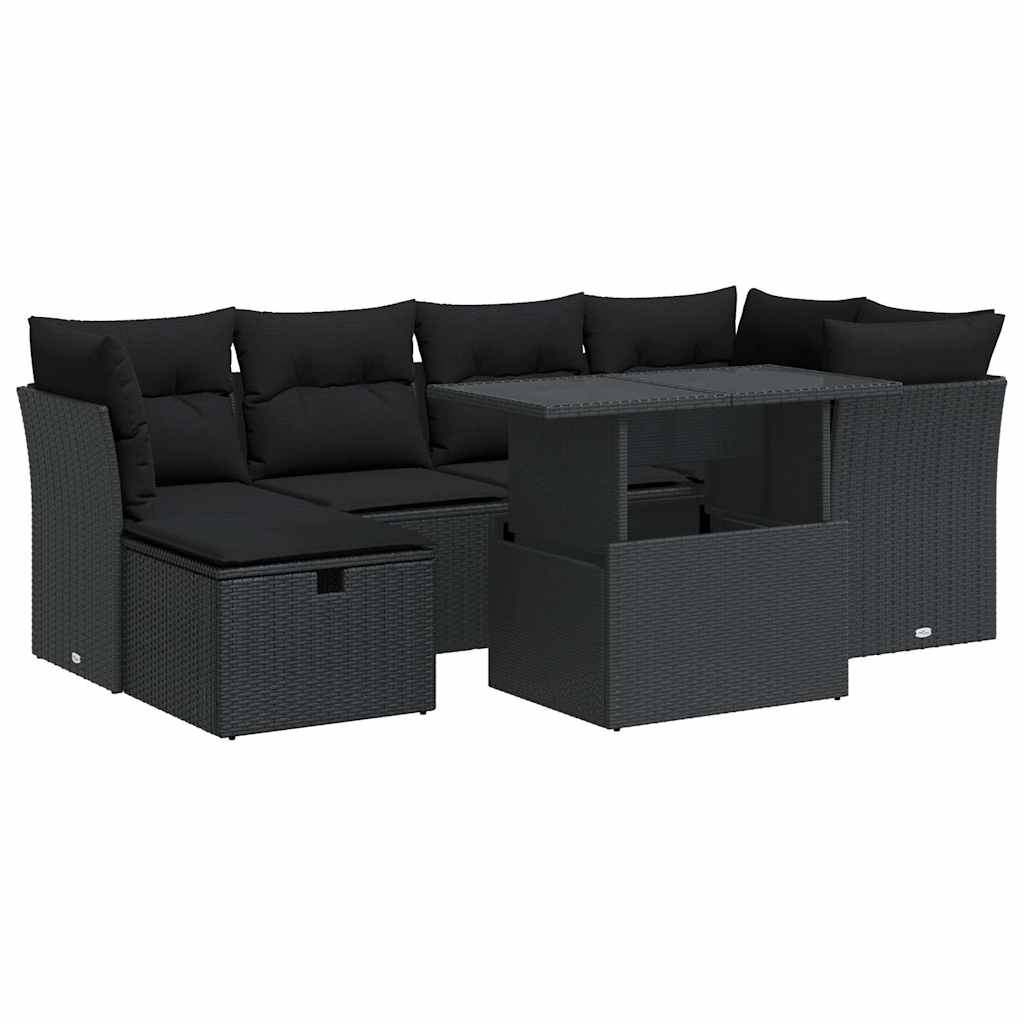 7 részes fekete polyrattan kerti ülőgarnitúra párnával