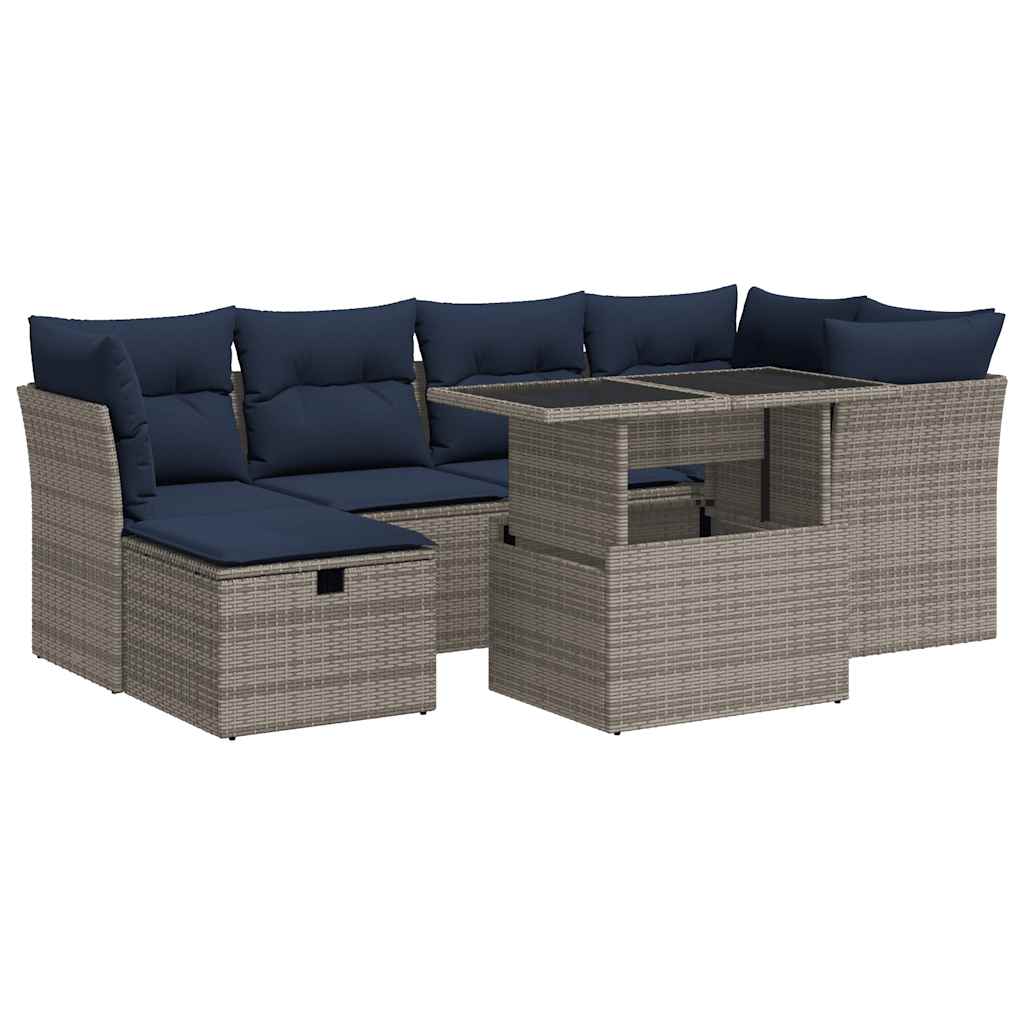 7 részes szürke polyrattan akácfa kerti ülőgarnitúra párnákkal
