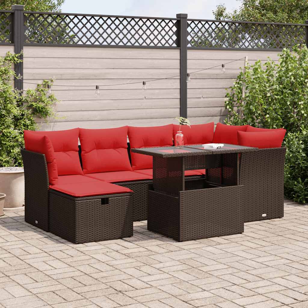 7 részes barna polyrattan akácfa kerti ülőgarnitúra párnákkal