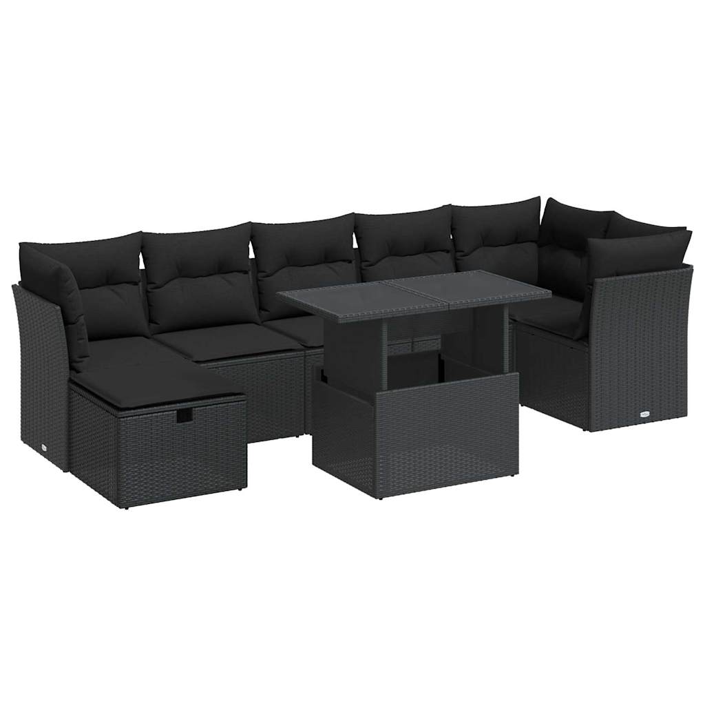8 részes fekete polyrattan kerti ülőgarnitúra párnákkal