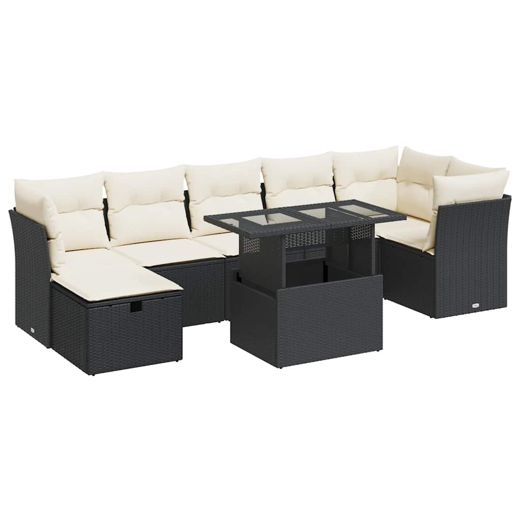 8 részes fekete polyrattan kerti ülőgarnitúra párnákkal