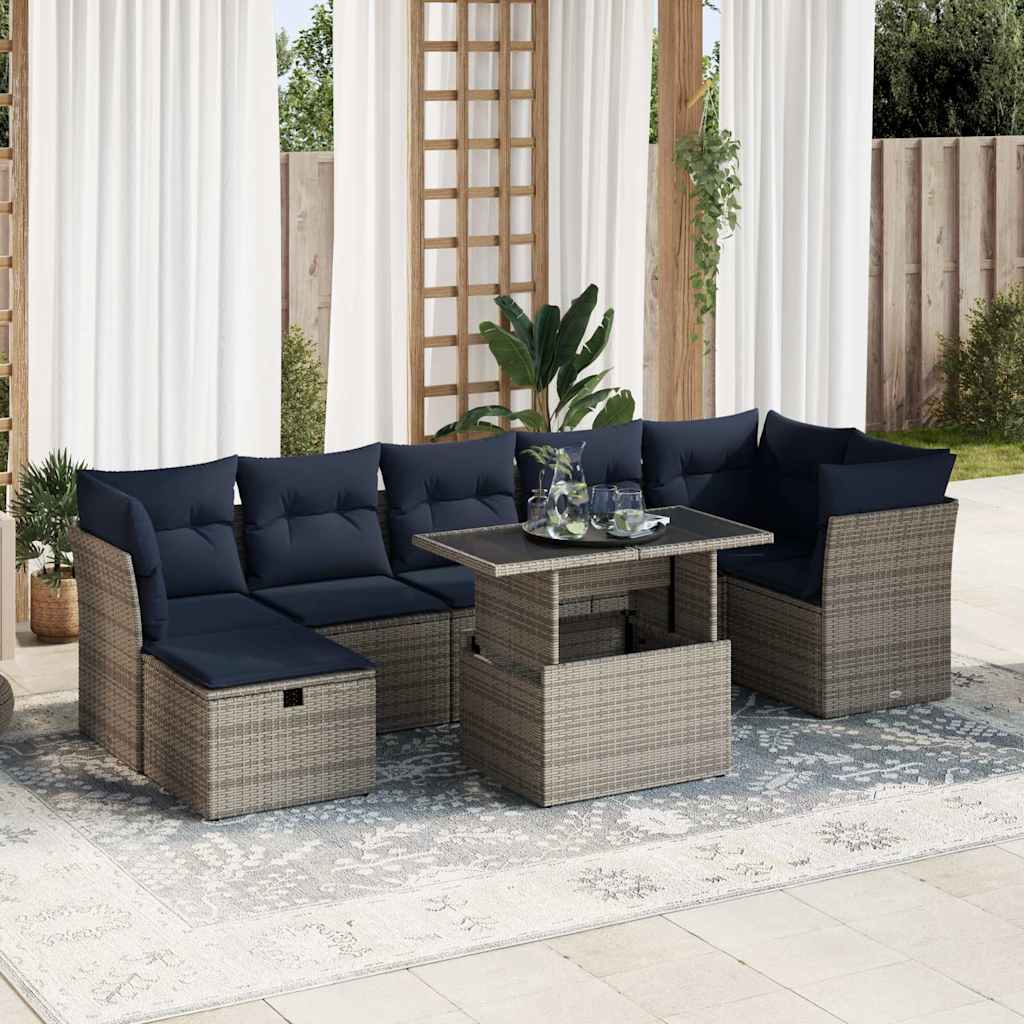 8 részes szürke polyrattan akácfa kerti ülőgarnitúra párnákkal