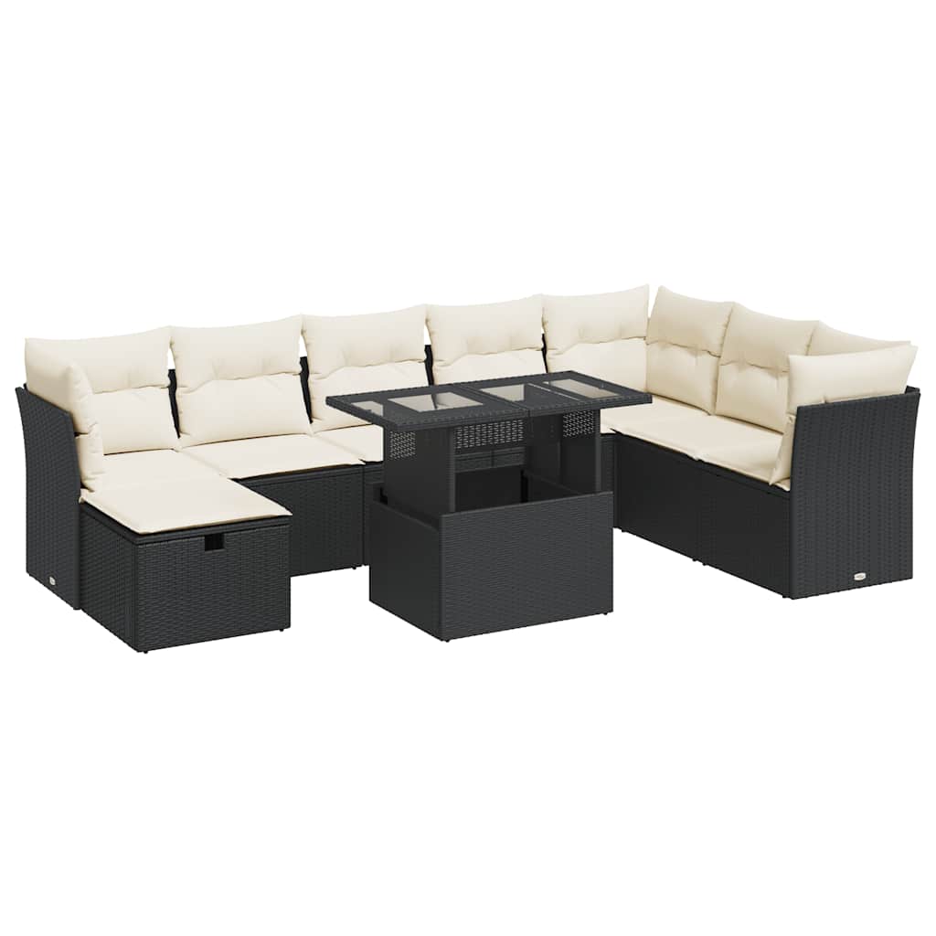 9 részes fekete polyrattan kerti ülőgarnitúra párnákkal