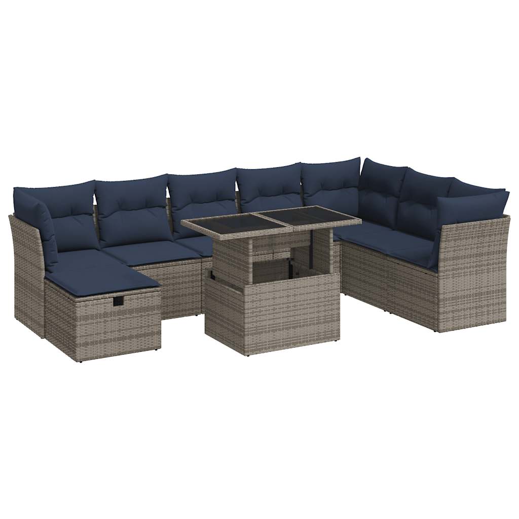 9 részes szürke polyrattan akácfa kerti ülőgarnitúra párnákkal