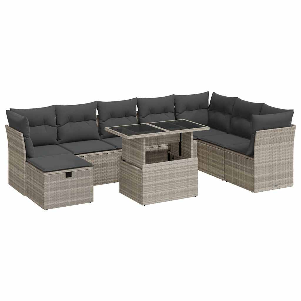 9 részes világosszürke polyrattan kerti ülőgarnitúra párnával