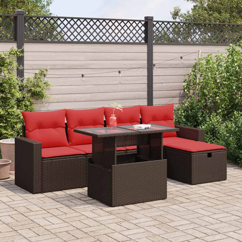 6 részes barna polyrattan akácfa kerti ülőgarnitúra párnákkal