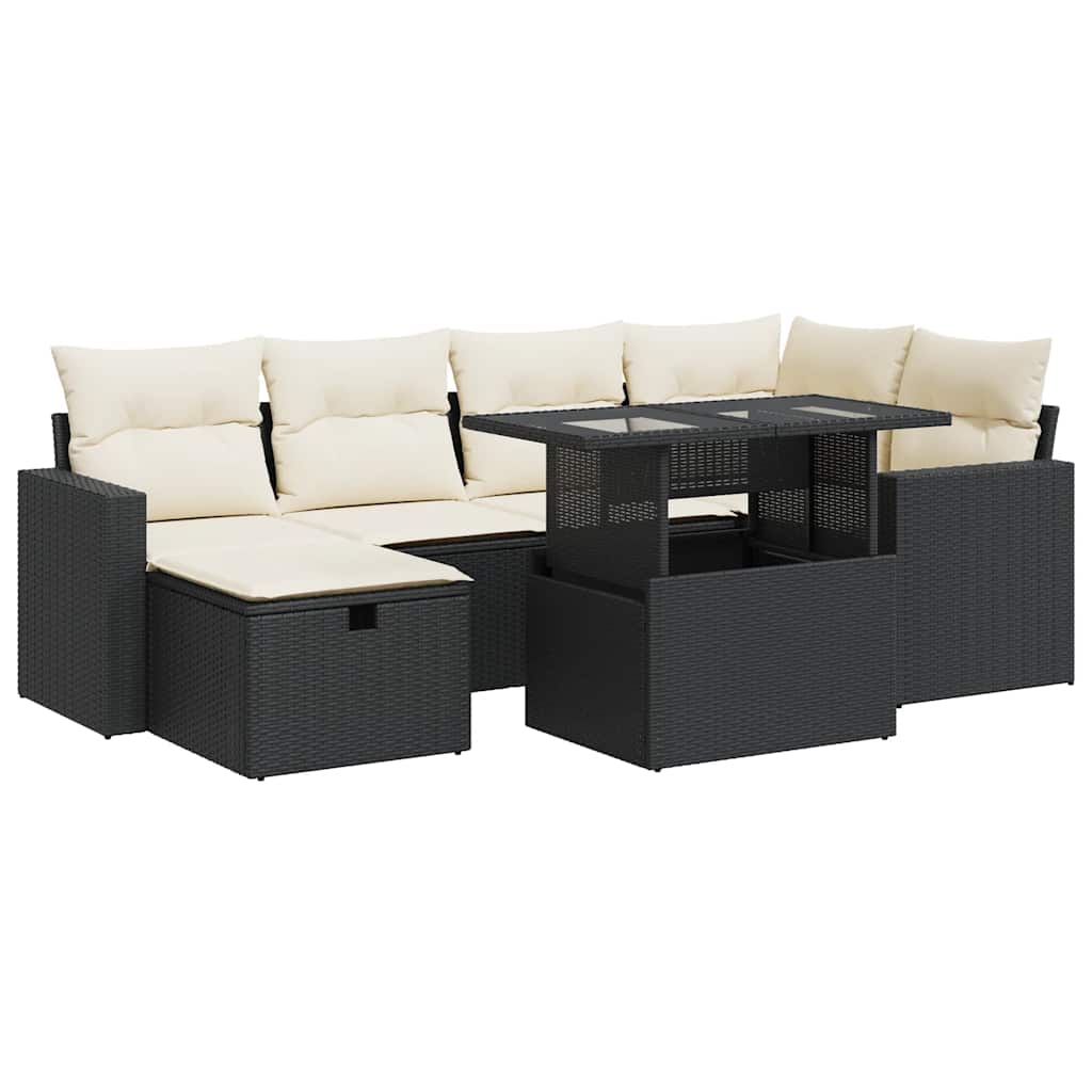 7 részes fekete polyrattan kerti ülőgarnitúra párnával