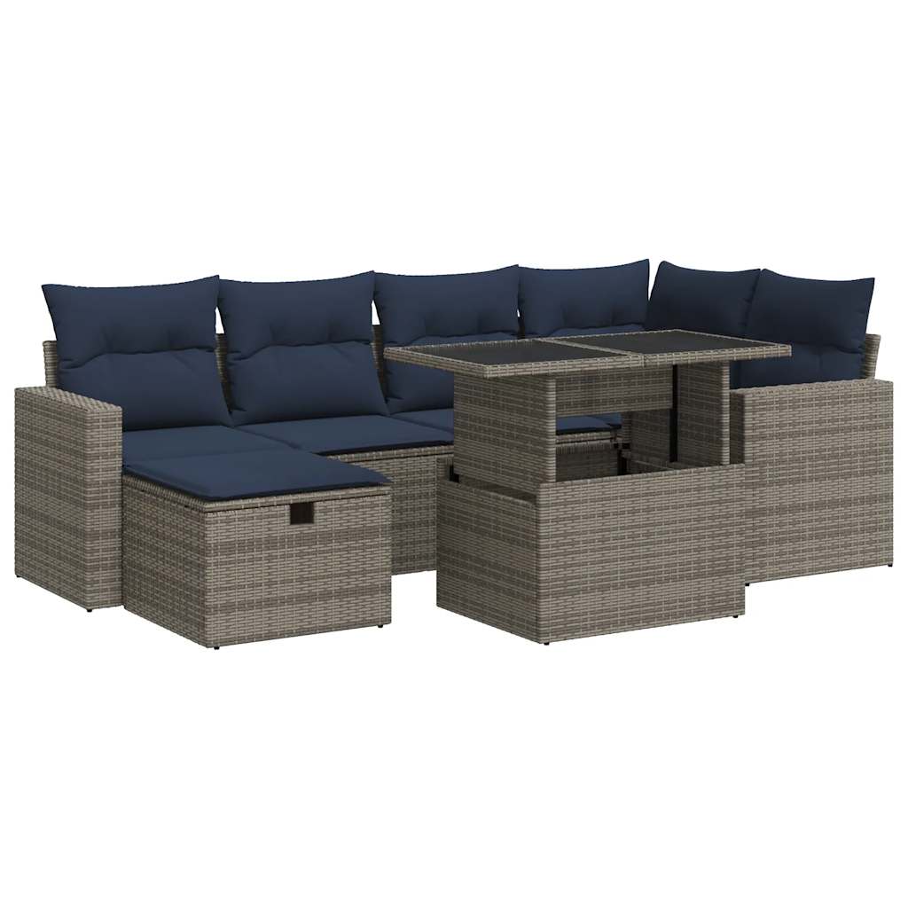 7 részes szürke polyrattan akácfa kerti ülőgarnitúra párnákkal