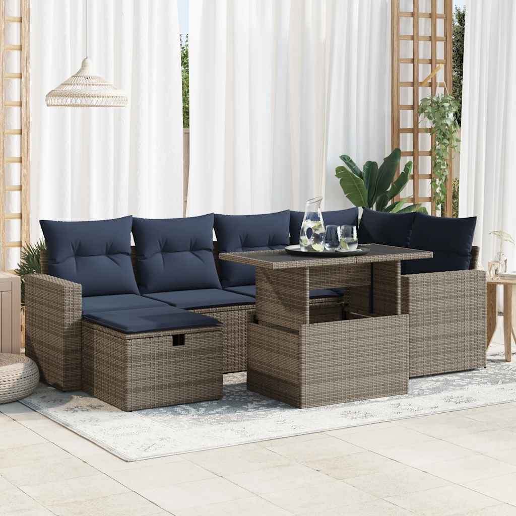 7 részes szürke polyrattan akácfa kerti ülőgarnitúra párnákkal