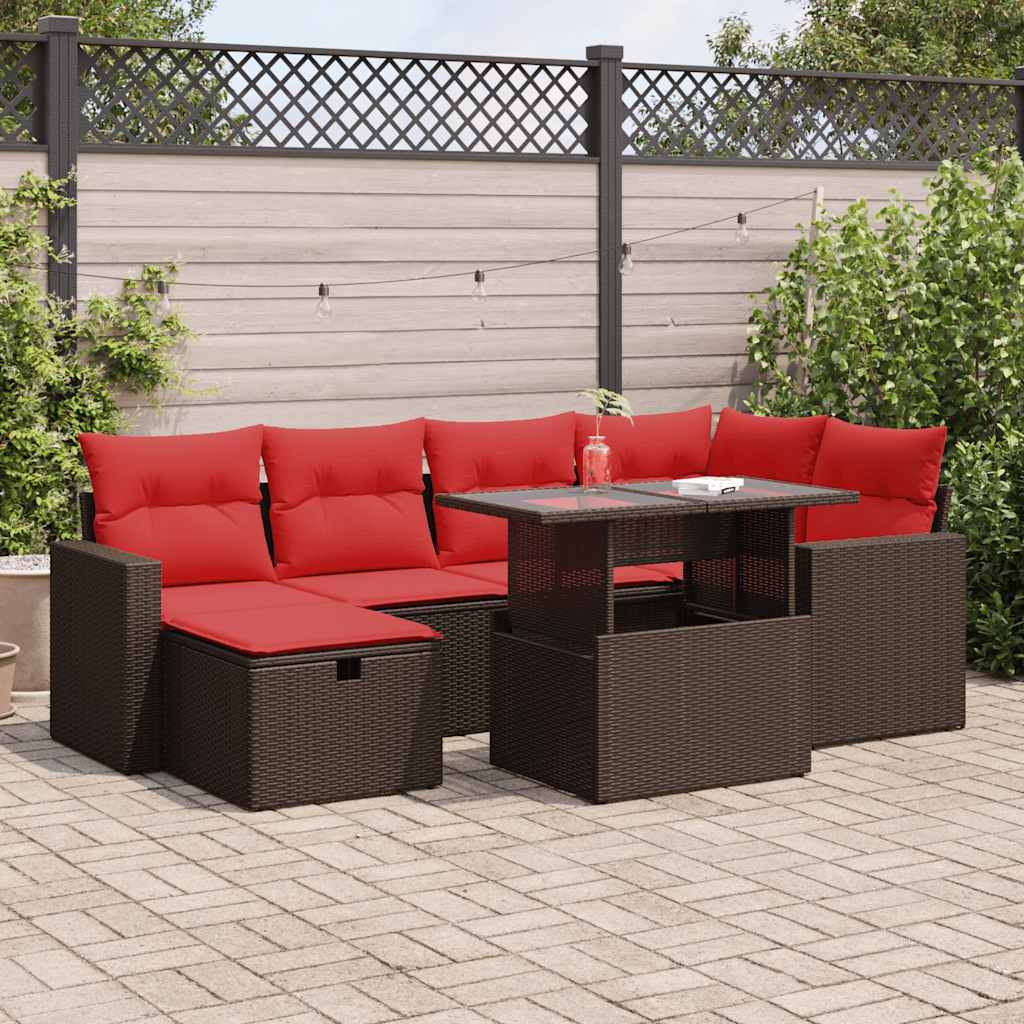7 részes barna polyrattan akácfa kerti ülőgarnitúra párnával