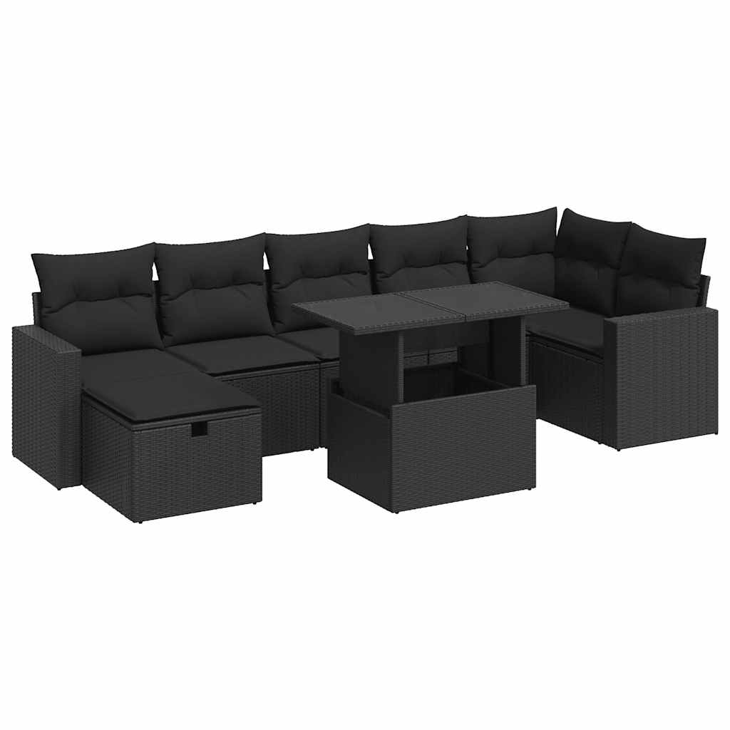 8 részes fekete polyrattan kerti ülőgarnitúra párnákkal