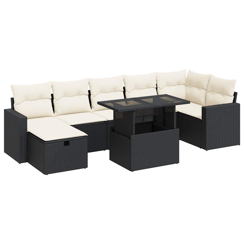 8 részes fekete polyrattan kerti ülőgarnitúra párnákkal