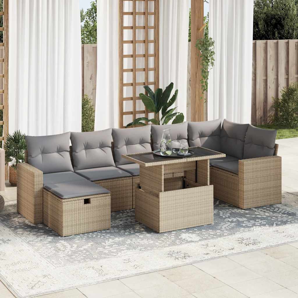 8 részes bézs polyrattan kerti ülőgarnitúra párnával